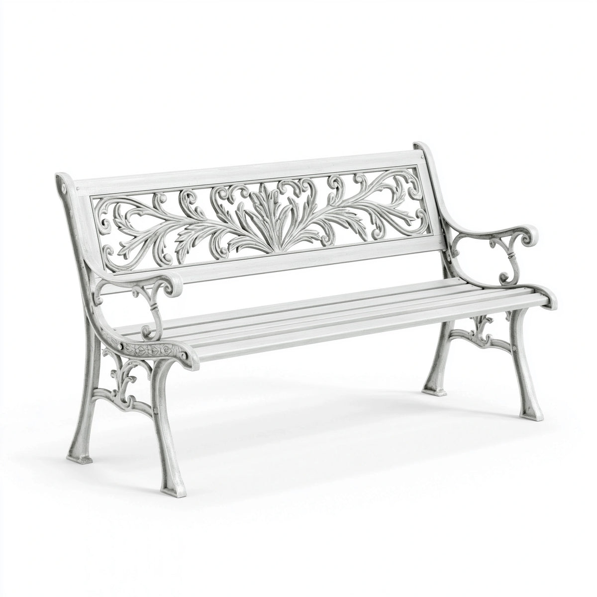 Gartenbank 122 x 63 x 85 cm aus Metall in Weiß mit floralem Ornamentdesign