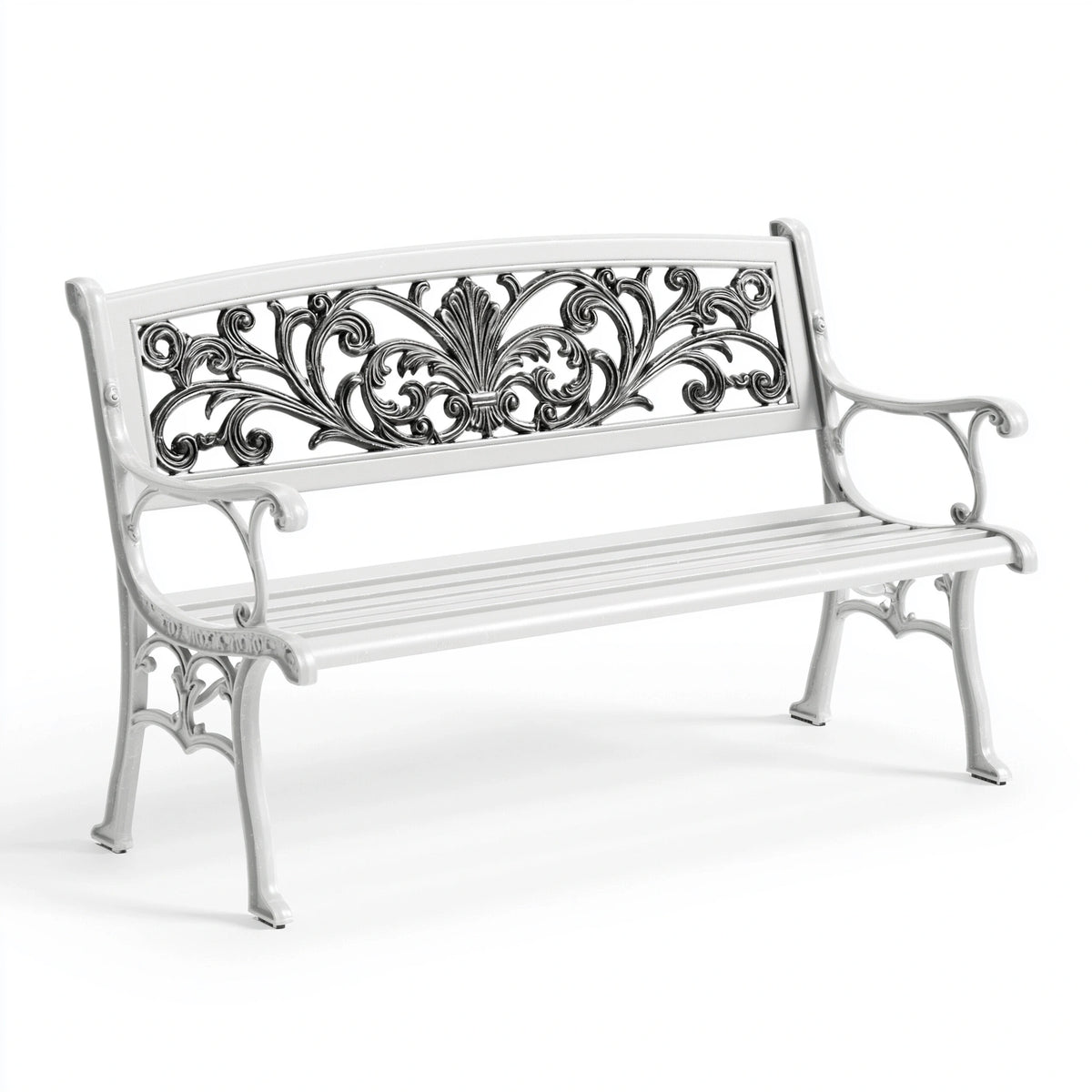 Gartenbank 122 x 60 x 86 cm aus Metall Weiß Silber mit ornamentaler Rückenlehne