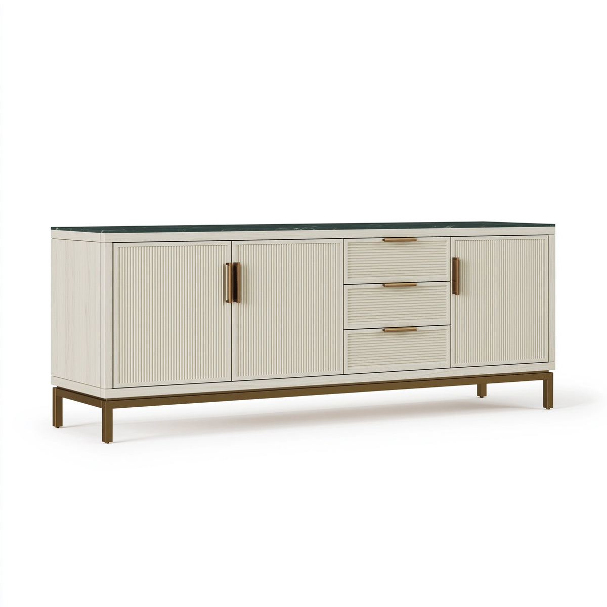 Sideboard 180 x 45 x 85 cm in Cremeweiß mit geriffelter Holzoptik und dunkler Steinoptikplatte