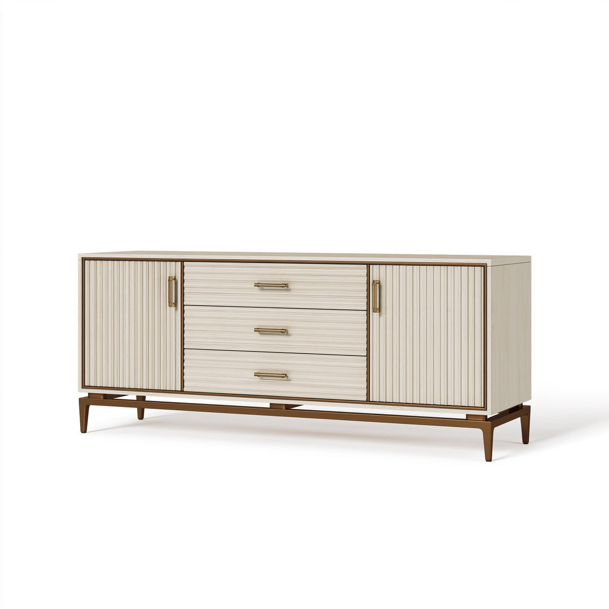 Sideboard 180 x 45 x 85 cm aus Holz in Creme/Braun mit Metallgestell im geriffelten Stil
