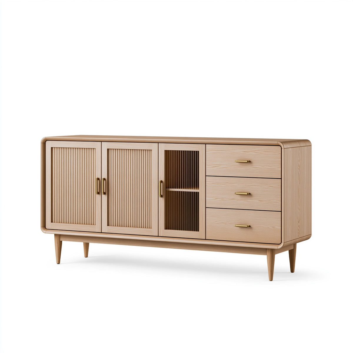 Sideboard 180 x 45 x 85 cm aus Holz in Natur mit Glastür und Schubladen im Retro-Stil